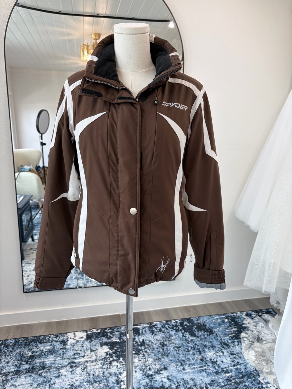 Spyder Brown and White Insulated Ski Jacket with Hood, Sz 6